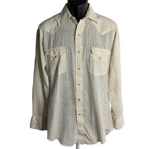 Vintage 70s Pearl Snap Western Shirt M White Stripe Pockets Sawtooth Long Sleeve